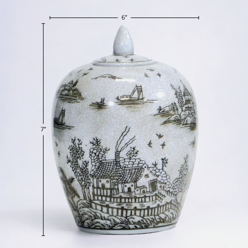 Porcelain Ginger Jar with Chinoiserie Design, Brown, 7"