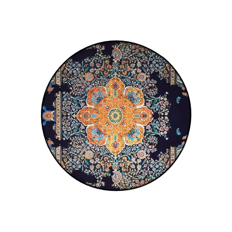 Antique Pattern Woven Base Modern Decorative Carpet With Orange Details In Navy Blue Tones, Round 2'8"