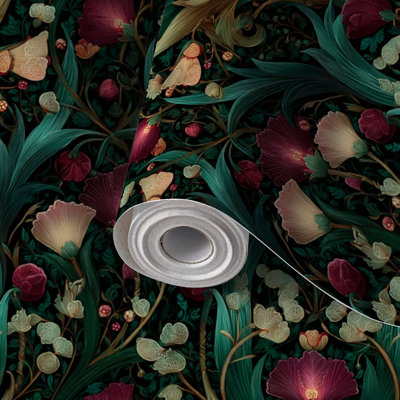 Papier peint adhésif peler et coller en PVC, revêtement mural auto-adhésif amovible avec motif floral de motif botanique émeraude, imperméable pour la décoration intérieure - Rouleau