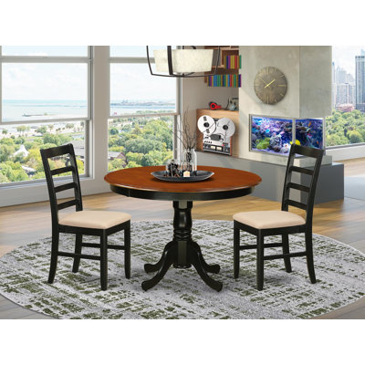 3 Piece Modern Dining Table Set Contains a Round Wooden Table with Pedestal and 2 Linen Fabric Kitchen Chairs, Black & Cherry