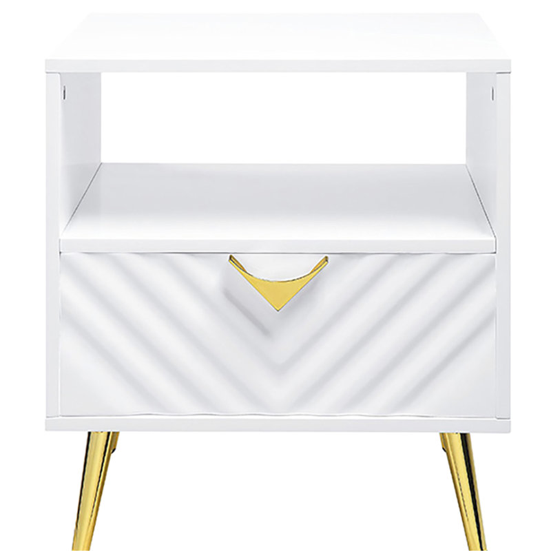 Table de bout blanche ultra brillante - Rangement élégant avec glissières de tiroir en métal et tablette de présentation