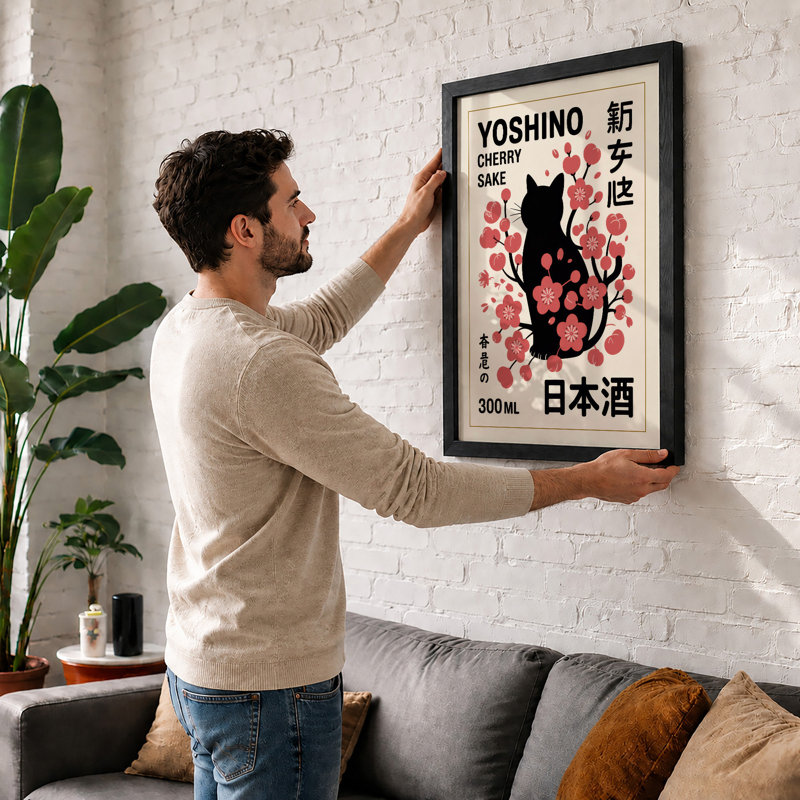 Cherry Blossom Cat Japandi - Print, Black, A4 - 29.7 x 21.0 cm