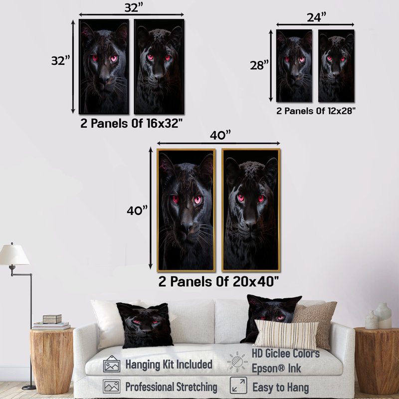 Ensemble de 2 décorations murales panthère rose et noire, H 28 po x l 25 po, Toile tendue
