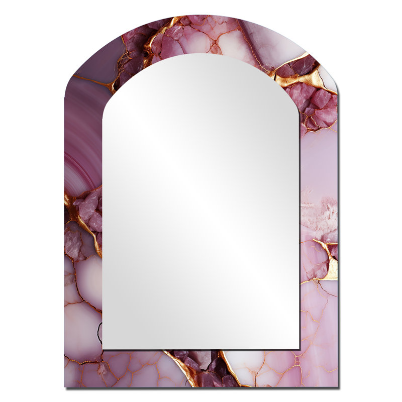Pink and gold Marble river III - Abstract Asymmetrical Wall Mirror, Modern Arch Decorative Mirror, Printed Metal Art