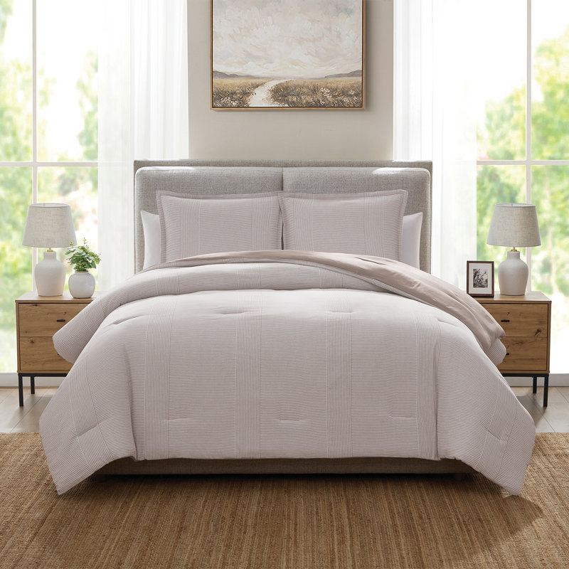 Ensemble d'édredon en coton rayé 3 pièces Détails par Becki Owens, Beige, Édredon très grand et 2 taies décoratives stand