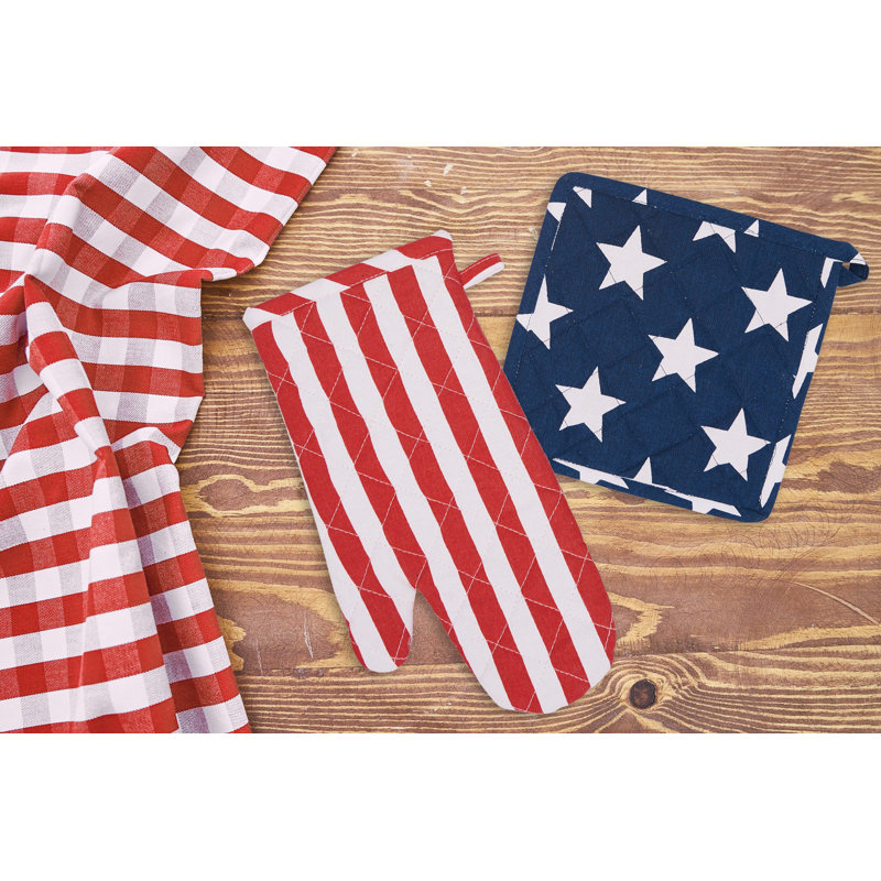 Patriotic Red, White, and Blue Cotton Pot Holder & Oven Mitt Set
