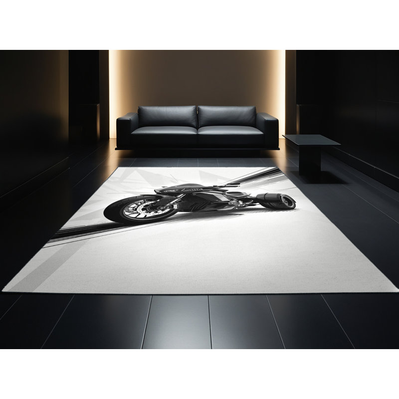 Machine Washable Kendari Trike Motorcycle Modern & Contemporary Geometric Rug in Green – Black Binding, 3x5