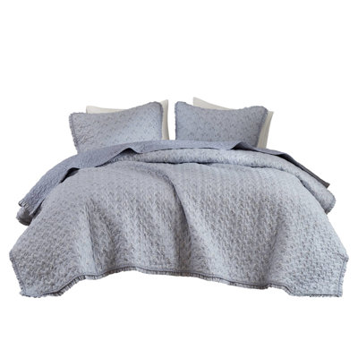 Blue 3 Queen Ruffle Quilt , Skin- Microfiber, 150Gsm Fill For Comfort, Eye-Catching Stitching Pattern, Comes With Pillow Shams Ruffled Printed Texture, Matching