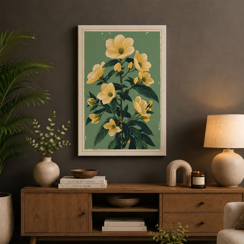 Study in Gold Botanical - Wrapped Canvas, 36x24 - 91.4 x 61.0 cm, Teal Border