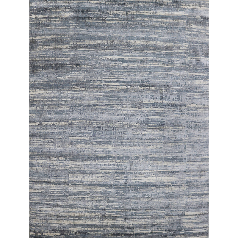 Tapis noué à la main en bleu / argent, Rectangle 9 pi x 12 pi