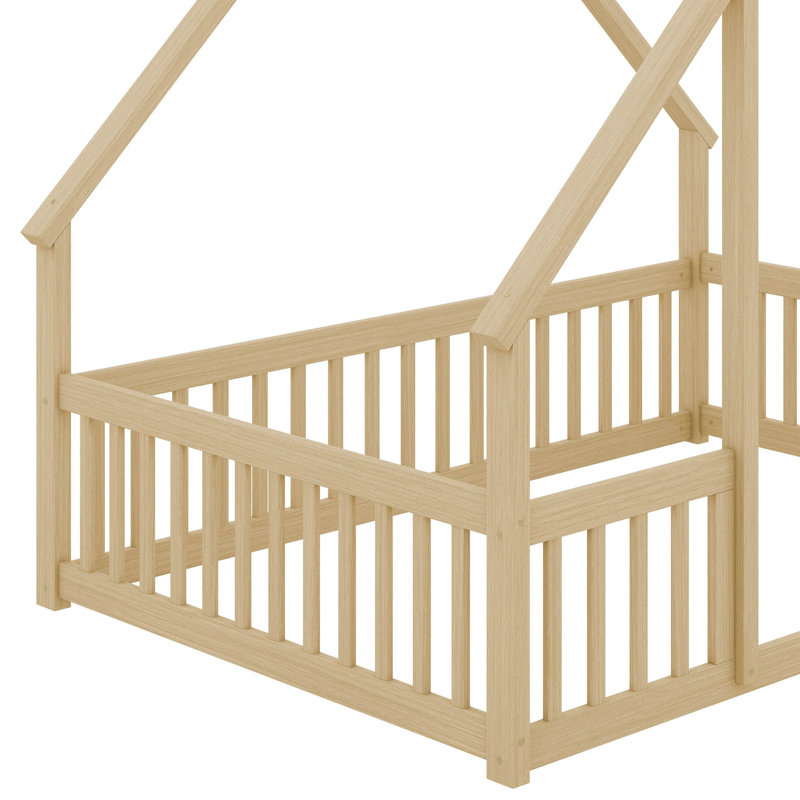 Lit de plancher en bois en forme de maison avec clôture, garde-corps, Naturel, Complète