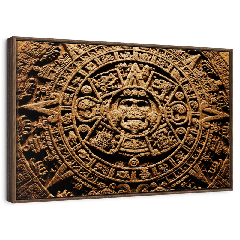 Ancien calendrier aztèque, Cadre flottant en noyer, 31 po x 21 po