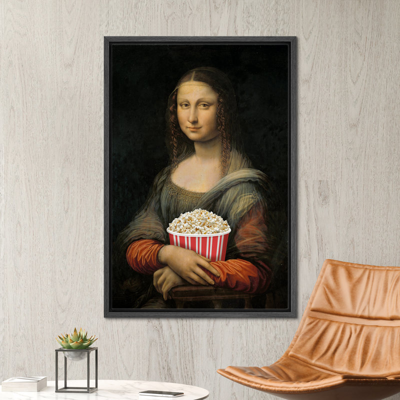 " Mona Lisa With Movie Popcorn ", 36" H x 24" W, Black Floater Framed