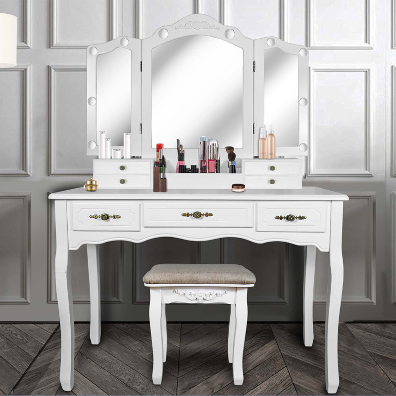 Ensemble coiffeuse avec miroir Eclipse, Blanc