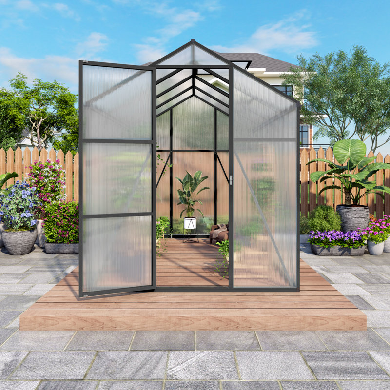 Serre en aluminium robuste avec panneaux en polycarbonate de 4 mm, base surélevée et trousse d'ancrage