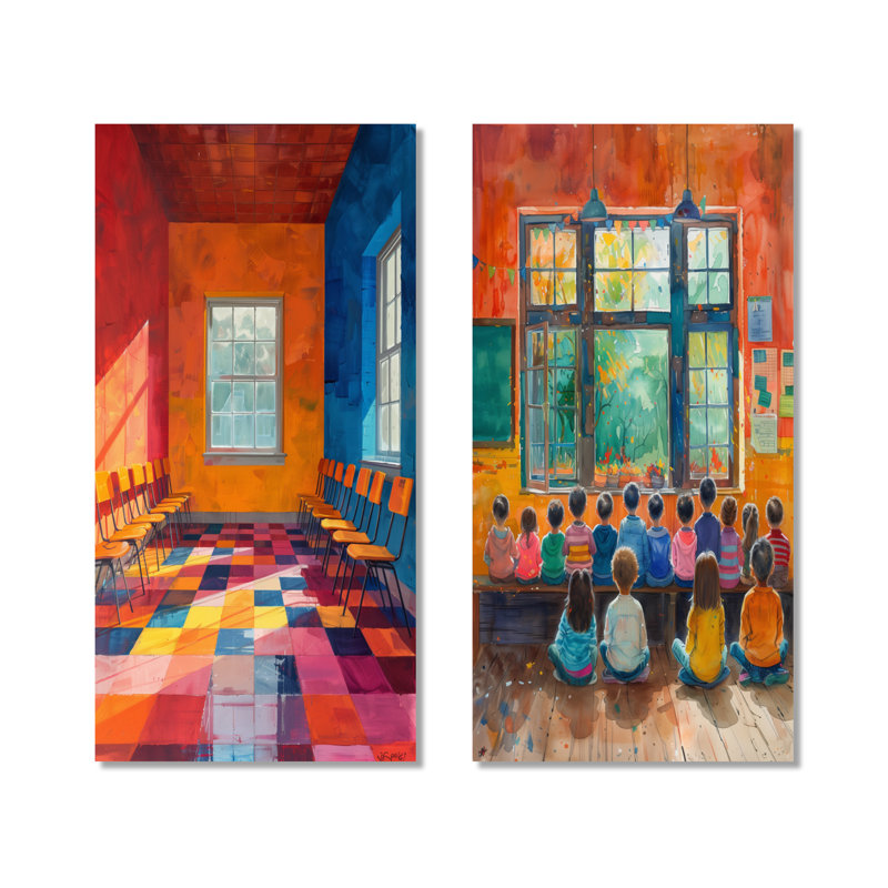Ensemble de 2 pièces d'école orange orange et bleu CreatIVe Classroom School I, Ne s’applique pas, Toile tendue sur cadre