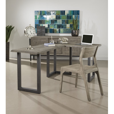 L-Shaped Solid Wood Top Metal Base Writing Desk