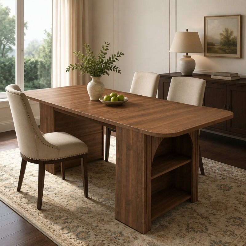 Table de salle à manger de style années 50 avec tiroirs et rangements ouverts, spacieuse pour 4 à 6 personnes, finition noyer en MDF, table de cuisine moderne