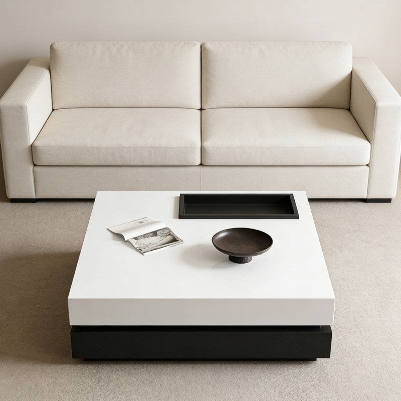 Table basse carrée sur pied avec plateau, Blanc, H 13,77 po x L 47,24 po x l 47,24 po, Noir