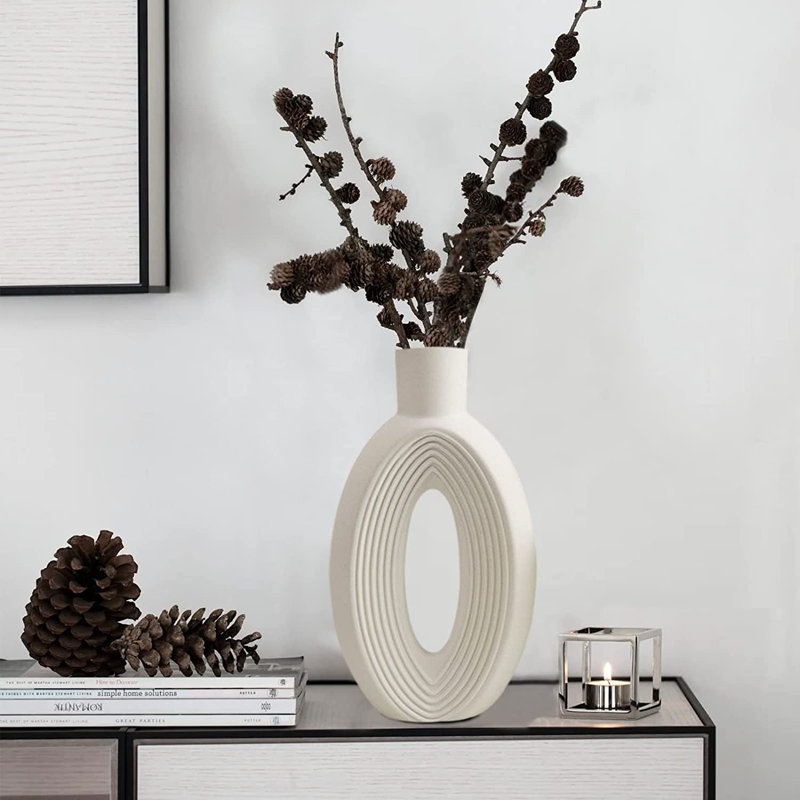 White Ceramic Hollow Center Vase Set for Modern Decor