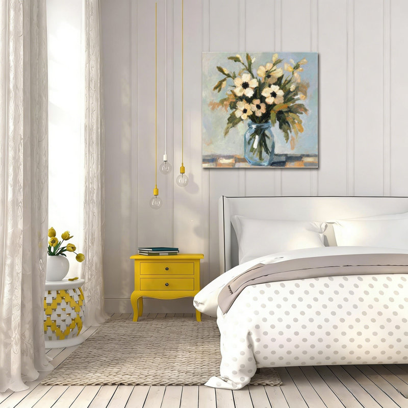 Pot de fleurs crème au centre noir, sans cadre, murale, 16 x 16 po