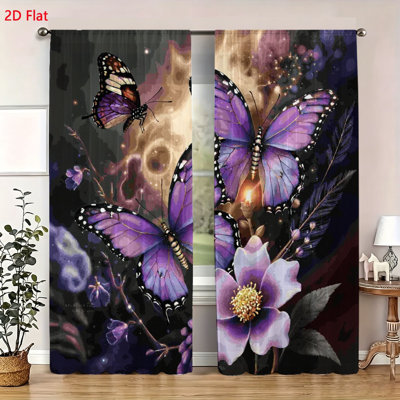 2 Piece Purple Butterfly Print Window Curtains Set Elegant Floral Botanical Pattern Drapes for Living Room Bedroom Decorative Fabric Window Treatments Modern Aesthetic Home Decor Vibrant Colorful Garden Theme Curtains Soft Drapery Panels