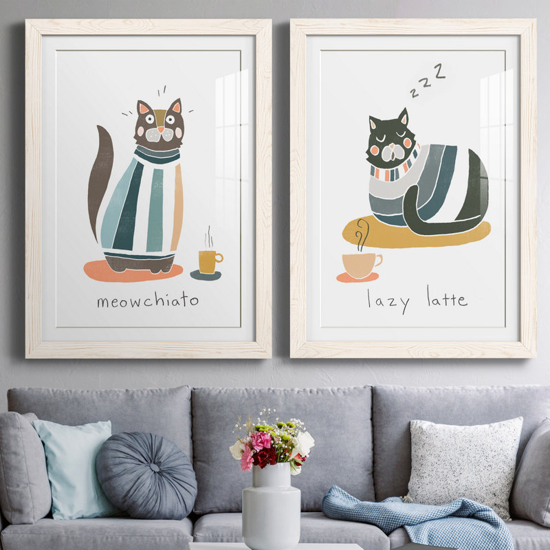 «Coffee Cats», reproduction encadrée - Prêt à accrocher, H 43,5 po x l 31,5 po x P 1 po, Papier encadré blanc