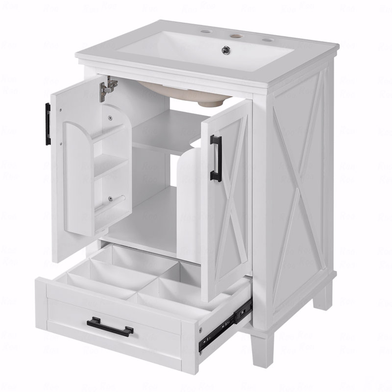 24-" Bathroom Vanity With Single Sink, Solid Wood Frame + Mdf, 2 Soft-Close Doors, 1 Divided Drawer, Dual Storage Shelves, Ample Storage Space