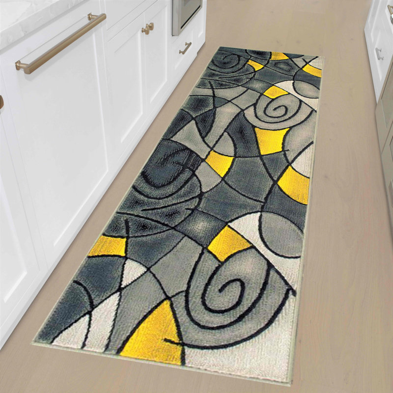 Tapis jaune à motif abstrait Richawara, Tapis de couloir 2 pi x 7 pi