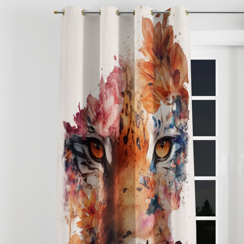 Portrait de tigre avec fleurs III - rideau à œillets occultant moderne - 1 panneau, l 52 po x L 90 po, Œillets dorés