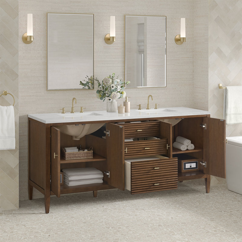 Myrrin 72'' W Double Vanity, Mid-Century Walnut, White Zeus, 8" Widespread