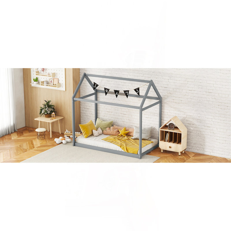 Twin Size Wooden House Bed, Gray