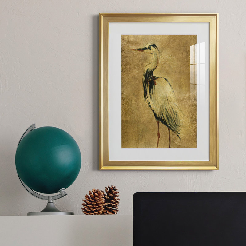 «Gold Crane at Dusk II», peinture sur toile encadrée, H 18,5 po x l 24,5 po x P 1,5 po, Or