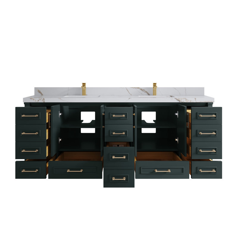 Aberdeen Bathroom Vanity, Calacatta Gold Quartz, Dark Forest Green