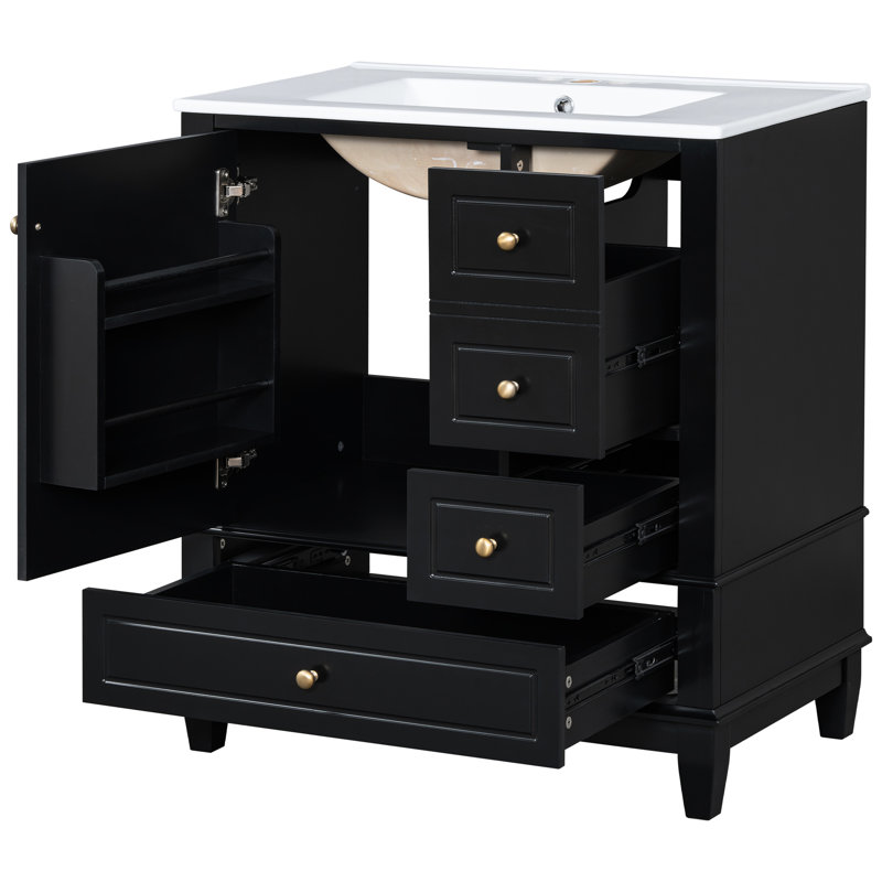 Meuble-lavabo de 30 po avec lavabo, finition noire, matériau, porte à fermeture douce, rangement 1 porte et 3 tiroirs, construction pratique, une tablette et