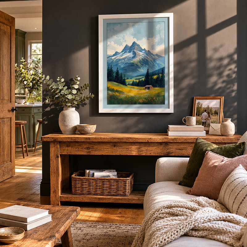 Mountain at Sunrise Rustic - Framed Print, A2 - 59.4 x 42.0 cm, White