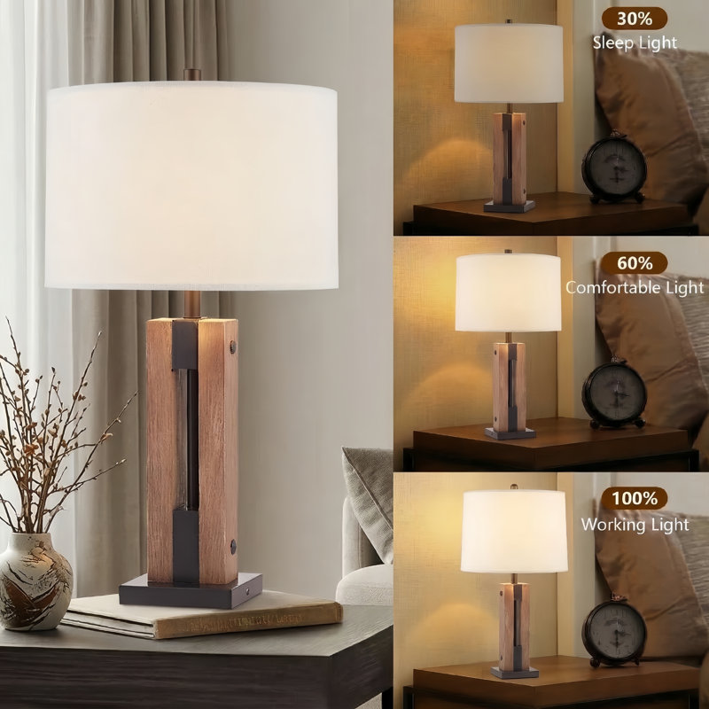 Carlisha 28" Modern Farmhouse Wood Grain Resin Table Lamp with 3-Way Dimmable Lighting and USB Charging Port
