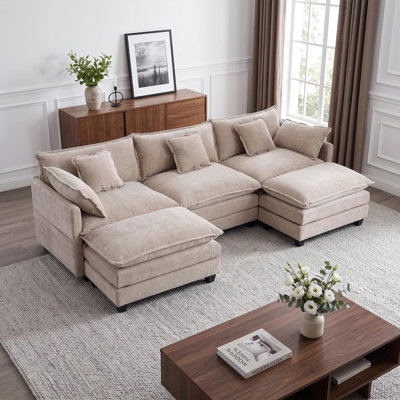 Canapé modulaire en U en chenille de 108 po de large avec 2 repose-pieds et coussins