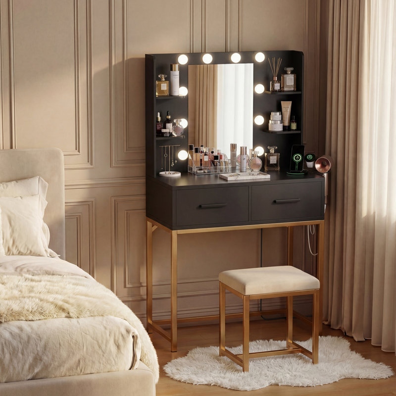 Vanity Desk with Mirror, Power Outlet & LED Lights, Makeup Vanity Table with 2 Drawers & 4 Shelves, Dressing Table for Bedroom Dressing Room