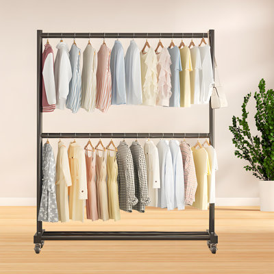 Double Rod Clothing Garment Rack With Wheels