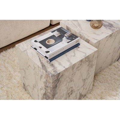 Chrisina Modern Side Table Set (2 Pieces), Freesia Marble Finish, 15.7 x 15.7 x 15.7 inches & 15.7 x 17.7 x 15.7 inches | 100% MDF, Thickness: 0.71 inches | Stylish & Functional for Living Room, Bedroom & Office Decor