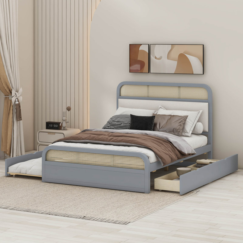 Grand lit plateforme en bois avec lit gigogne et tiroirs, Gris