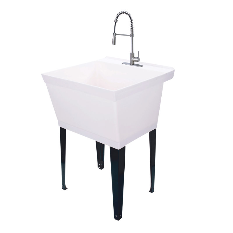 22.875 In. X 23.5 In. 19 Gallon Thermoplastic Utility Sink Set With High-Arc Coil Pull-Down Faucet, Stainless Steel, White