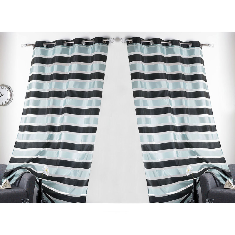Black and Blue Gray Striped Polyester Sheer Grommet Curtain Panels, 95 x 55 Inches