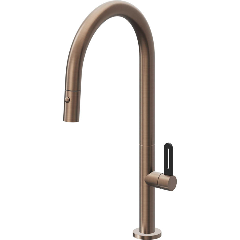 Pull-Down Kitchen Faucet With Button Sprayer - High Arc Spout, Satin Bronze, Black Flat Blade
