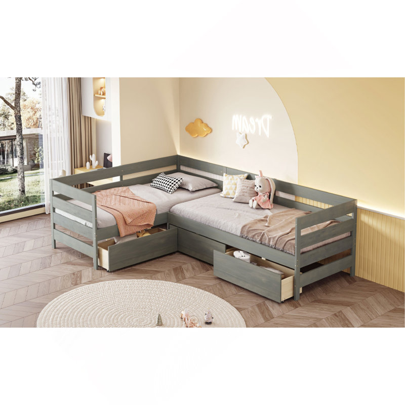 Lit plateforme simple en forme de L avec trois tiroirs de rangement, Gris