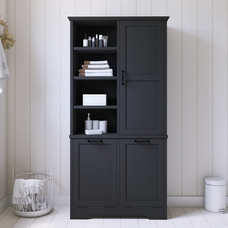 68" Tall Bathroom Storage Cabinet With Open Shelve, Black