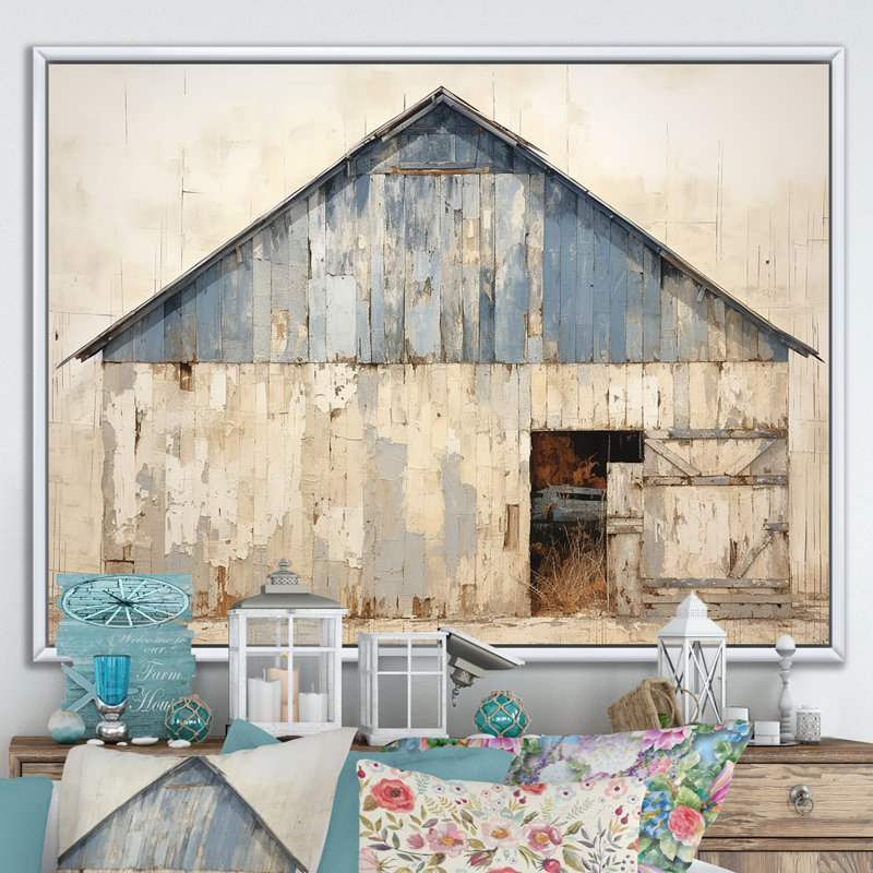 Beige et bleu grange - art mural de grange, H 16 po x l 32 po x P 1 po, Cadre flottant blanc