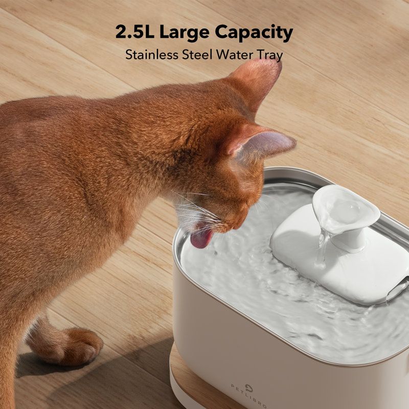 White Wireless Battery Operated Cat Water Fountain with Stainless Steel Tray