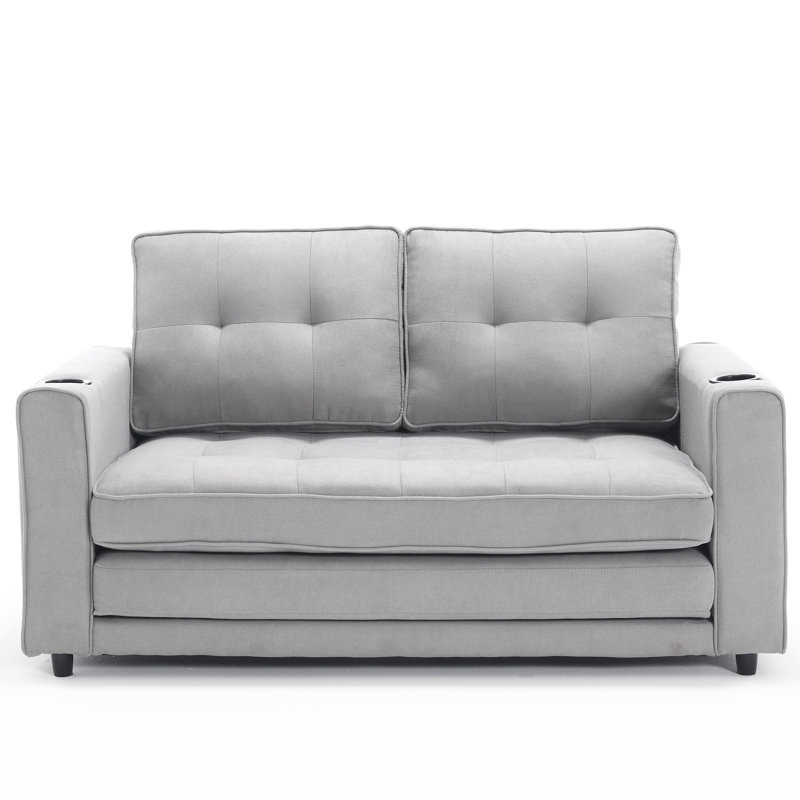 3-In-1 Upholstered Futon Sofa Convertible Sofa Bed,Foldable Tufted Loveseat With Pull Out Sleeper Couch Bed,Folding Mattres Love Seat Daybed W/Side Pockets And Cup Holder, Light Gray